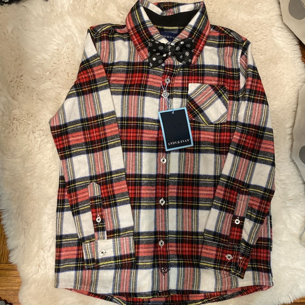 Andy and Evan Boys Red Black White Yellow Plaid Shirt w bow tie NEW size 7